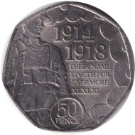 Монета 50 пенсов. 2018 год, Остров Мэн. 100 лет окончанию Первой Мировой войны.