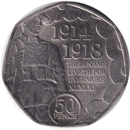 Монета 50 пенсов. 2018 год, Остров Мэн. 100 лет окончанию Первой Мировой войны.