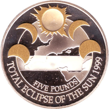 Монета 5 фунтов. 1999 год, Олдерни. Полное затмение Солнца.