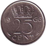 Монета 25 центов. 1966 год, Нидерланды. Монета 25 центов. 1966 год, Нидерланды.