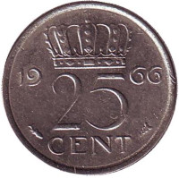 Монета 25 центов. 1966 год, Нидерланды.