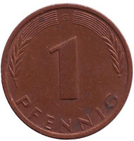 Монета 1 пфенниг. 1972 год (G), ФРГ. Дубовые листья. Монета 1 пфенниг. 1972 год (G), ФРГ. Дубовые листья.