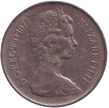 Монета 10 пенсов. 1974 год, Великобритания. Лев.