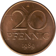 Монета 20 пфеннигов. 1989 год, ГДР. Монета 20 пфеннигов. 1989 год, ГДР.