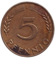Монета 5 пфеннигов. 1970 год (J), ФРГ. Дубовые листья. Монета 5 пфеннигов. 1970 год (J), ФРГ. Дубовые листья.