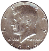 Монета 50 центов. 1966 год, США. Джон Кеннеди. Монета 50 центов. 1966 год, США. Джон Кеннеди.