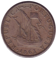 Монета 5 эскудо. 1963 год, Португалия. Парусный корабль. Монета 5 эскудо. 1963 год, Португалия. Парусный корабль.