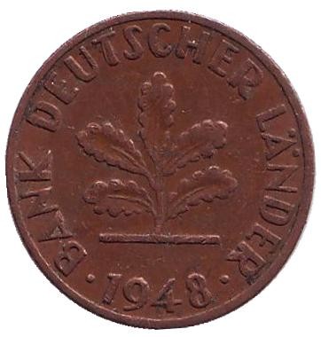 Монета 1 пфенниг. 1948 год (F), ФРГ. Дубовые листья. Монета 1 пфенниг. 1948 год (F), ФРГ. Дубовые листья.