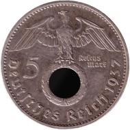 Монета 5 рейхсмарок. 1937 год, Германия (Третий Рейх). (G). Монета 5 рейхсмарок. 1937 год, Германия (Третий Рейх). (G).