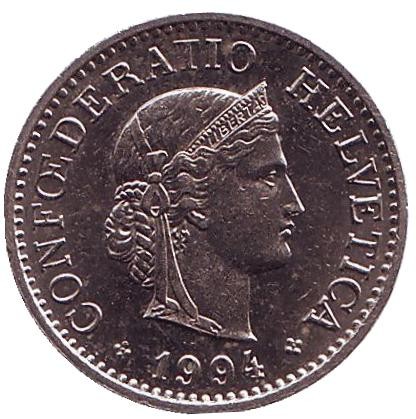Монета 10 раппенов. 1994 год, Швейцария. Монета 10 раппенов. 1994 год, Швейцария.