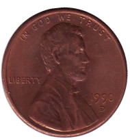 Монета 1 цент. 1990 год (D), США. Линкольн. Монета 1 цент. 1990 год (D), США. Линкольн.