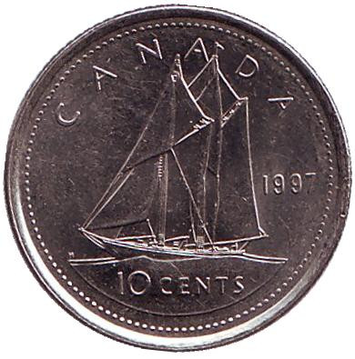 Монета 10 центов. 1997 год, Канада. Парусник.
