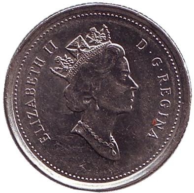 Монета 10 центов. 1997 год, Канада. Парусник. Монета 10 центов. 1997 год, Канада. Парусник.