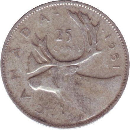 Монета 25 центов. 1951 год, Канада. Канадский олень (Карибу).