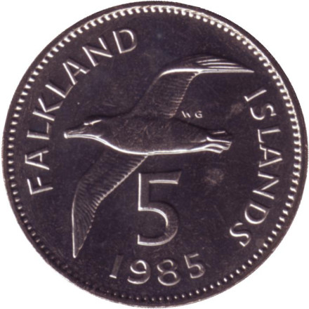 Монета 5 пенсов. 1985 год, Фолклендские острова. UNC. Чернобровый альбатрос.