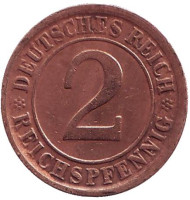 Монета 2 рейхспфеннига. 1924 год (G), Веймарская республика. Монета 2 рейхспфеннига. 1924 год (G), Веймарская республика.