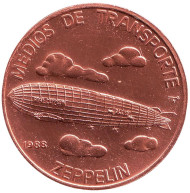 Монета 1 песо. 1988 год, Куба. (Медь). Дирижабль. (Цеппелин). Транспорт Кубы. Монета 1 песо. 1988 год, Куба. (Медь). Дирижабль. (Цеппелин). Транспорт Кубы.