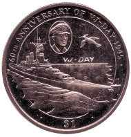 Монета 1 доллар. 2005 год, Британские Виргинские острова. 60-летие победы над Японией. Линкор "Миссури".