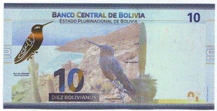 Банкнота 10 боливано. 2018 год, Боливия.