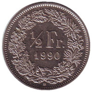 Монета 1/2 франка. 1990 год, Швейцария. Монета 1/2 франка. 1990 год, Швейцария.