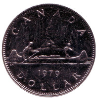 Индейцы в каноэ. Монета 1 доллар. 1979 год, Канада. aUNC.