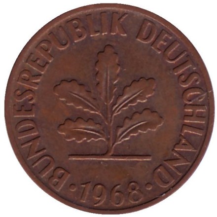 Монета 2 пфеннига. 1968 год (G), ФРГ. (бронза) Дубовые листья.