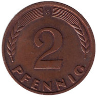 Монета 2 пфеннига. 1968 год (G), ФРГ. (бронза) Дубовые листья. Монета 2 пфеннига. 1968 год (G), ФРГ. (бронза) Дубовые листья.