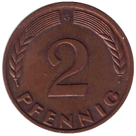 Монета 2 пфеннига. 1968 год (G), ФРГ. (бронза) Дубовые листья.