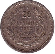 Монета 20 сентаво. 1932 год, Чили. Монета 20 сентаво. 1932 год, Чили.