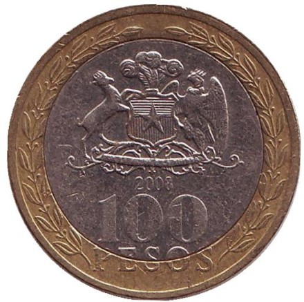 Монета 100 песо. 2008 год, Чили. Индеец Мапуче.