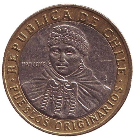 Монета 100 песо. 2008 год, Чили. Индеец Мапуче.