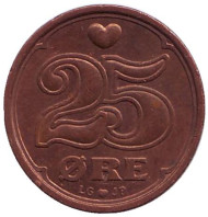 Монета 25 эре. 1994 год, Дания. Монета 25 эре. 1994 год, Дания.