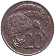 Монета 20 центов. 1988 год, Новая Зеландия. Киви (птица). Монета 20 центов. 1988 год, Новая Зеландия. Киви (птица).