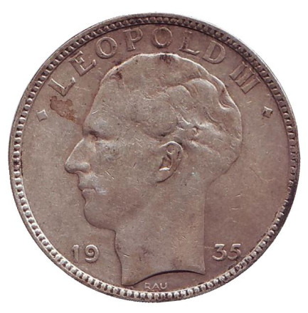Монета 20 франков. 1935 год, Бельгия. Король Леопольд III. Монета 20 франков. 1935 год, Бельгия. Король Леопольд III.