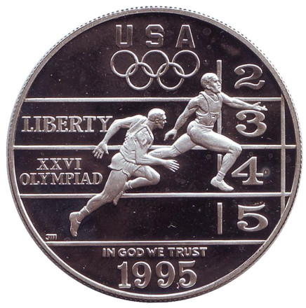 Монета 1 доллар. 1995 год, США. XXVI летние Олимпийские Игры. Атланта 1996. Бег.