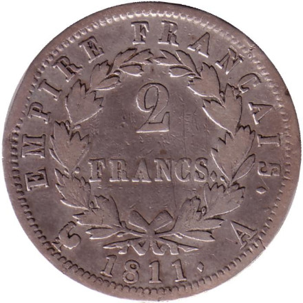 Монета 2 франка. 1811 год, Франция. Наполеон I Бонапарт. Монета 2 франка. 1811 год, Франция. Наполеон I Бонапарт.