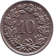 Монета 10 раппенов. 1932 год, Швейцария. Монета 10 раппенов. 1932 год, Швейцария.