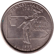 Монета 25 центов (P). 1999 год, США. Пенсильвания. Штат № 2. Монета 25 центов (P). 1999 год, США. Пенсильвания. Штат № 2.