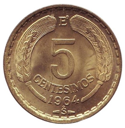 Монета 5 чентезимо. 1964 год, Чили. aUNC. Кондор.