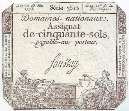 Бона 50 солей. 1793 год, Франция. Ассигнат.