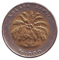 Монета 1000 рупий. 1996 год, Индонезия. Пальма. Монета 1000 рупий. 1996 год, Индонезия. Пальма.
