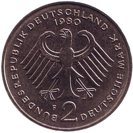 Монета 2 марки. 1980 год (F), ФРГ. Теодор Хойс. Монета 2 марки. 1980 год (F), ФРГ. Теодор Хойс.