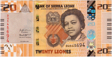 Банкнота 20 леоне. 2022 год, Сьерра-Леоне. Констанс Каммингс-Джон.