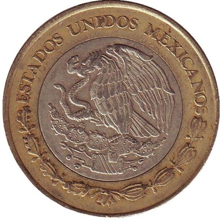 Монета 10 песо. 2010 год, Мексика. Тонатиу. Ацтекский солнечный камень. Орел.