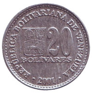 Монета 20 боливаров. 2001 год, Венесуэла. Немагнитная. Монета 20 боливаров. 2001 год, Венесуэла. Немагнитная.