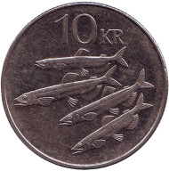 Монета 10 крон. 2005 год, Исландия. Рыбы. Монета 10 крон. 2005 год, Исландия. Рыбы.