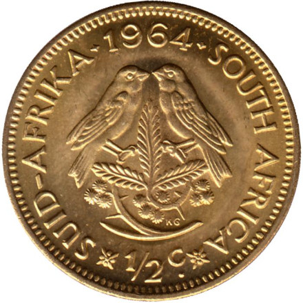 Монета 1/2 цента. 1964 год, ЮАР. Воробьи. UNC.
