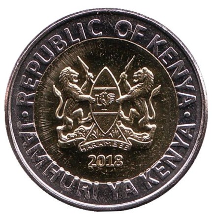 Монета 20 шиллингов. 2018 год, Кения. Слон. Монета 20 шиллингов. 2018 год, Кения. Слон.