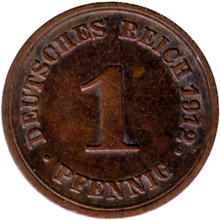 Монета 1 пфенниг. 1912 год (F), Германская империя.