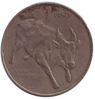 Монета 1 песо. 1990 год, Филиппины. Буйвол.